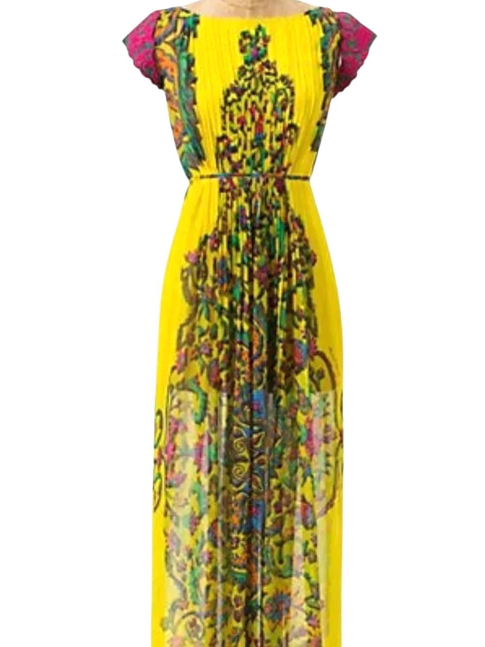 Hemant & Nandita Yellow Floral Pink Sleeve Maxi 100% Silk Dress